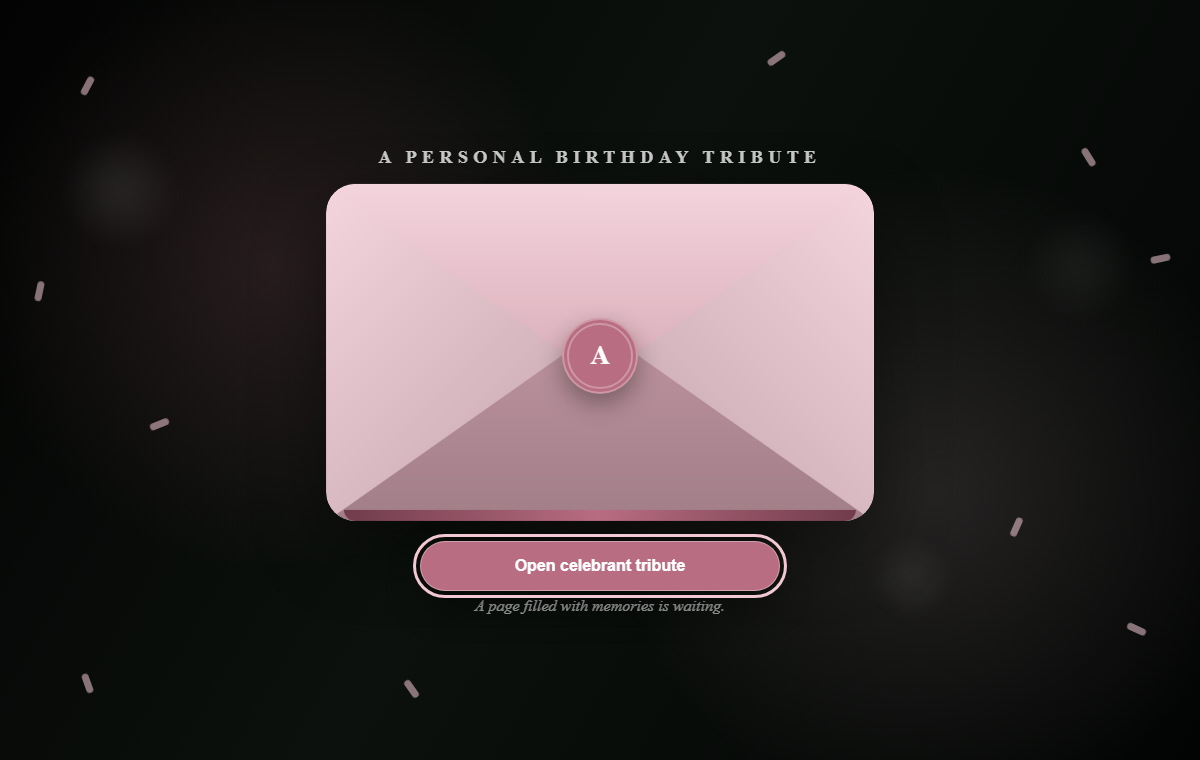 Sample birthday tribute with a rose-colored envelope
